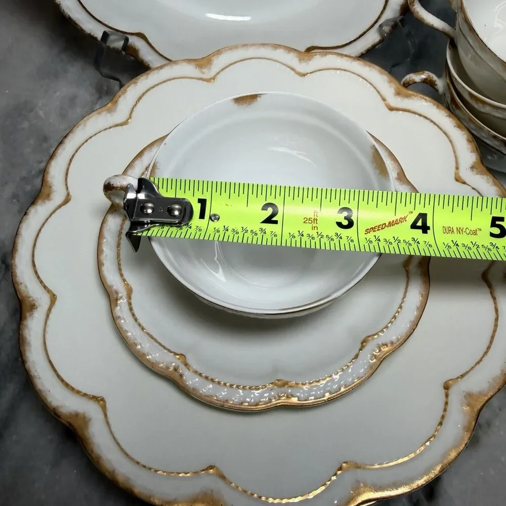 Antique Haviland Limoges Gold Dusted Rim Scalloped Plate Saucers Cups For 4 Set